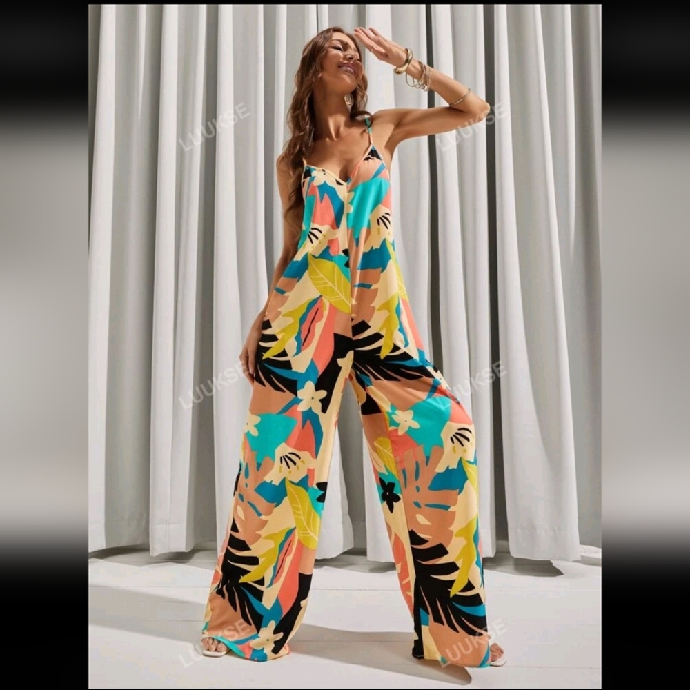Backless Tropical Print Wide Leg Cami Jumpsuit